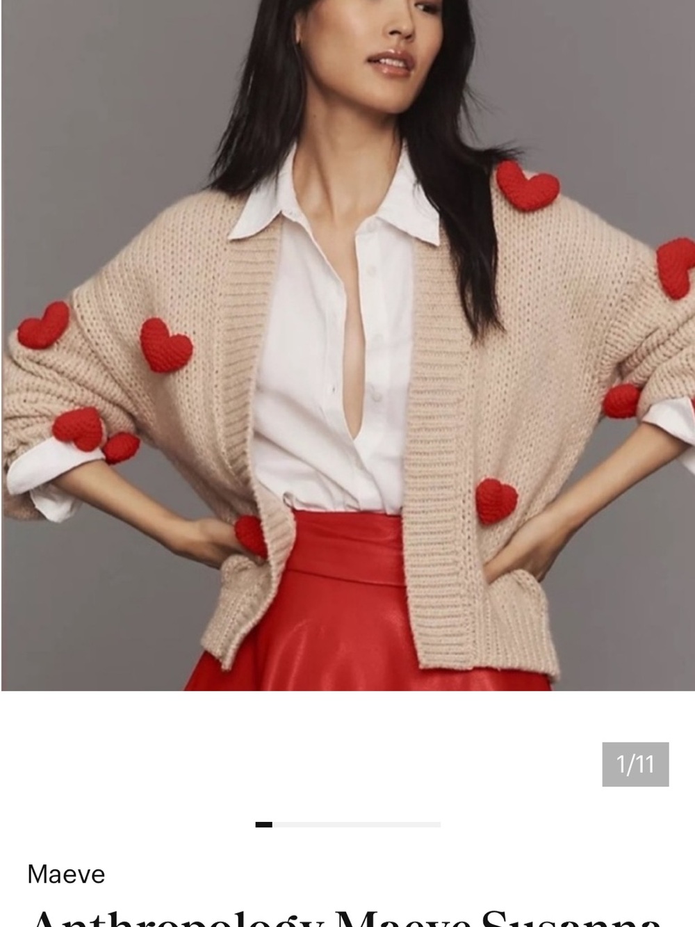 Maeve Cream Knit Cardigan with Red Heart Appliqués